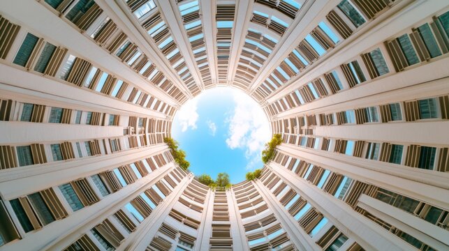Looking up at a circular courtyard within a high-rise building