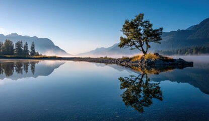 Obraz premium A lone tree on the edge of an island, reflecting in the calm waters at sunrise, with mist rising from its reflection and distant mountains visible across the water Generative AI