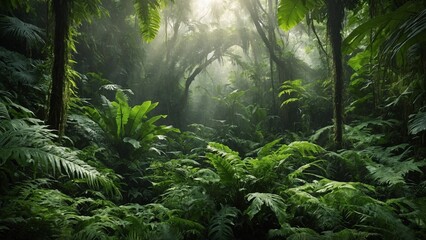Obraz premium Sun-Kissed Jungle Canopy: The photo showcases the lush greenery of a dense jungle, where sunlight streams through the thick canopy. The scene evokes the raw, untamed beauty of nature.