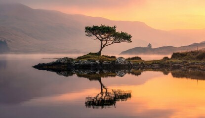 A lone tree on the edge of an island, reflecting in the calm waters at sunrise The surrounding landscape is serene and tranquil, with misty mountains visible across the water Generative AI