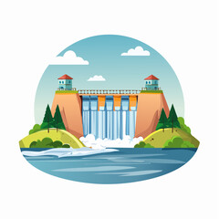 Fototapeta premium Majestic Dam Waterfall Hydroelectric Power and Scenic Landscape Illustration
