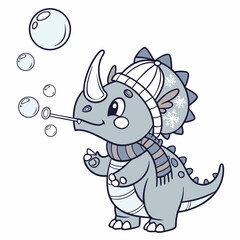 An adorable Triceratops with a Cheerful vibe, blowing bubbles, and a Frosty Winter Cozy winter theme – SVG style