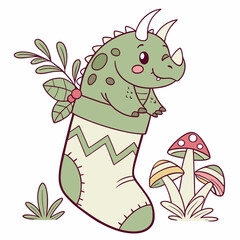Delightful Amused Triceratops in a Fairy forest scene with snuggled in a sock – Whimsy Woods vector illustration