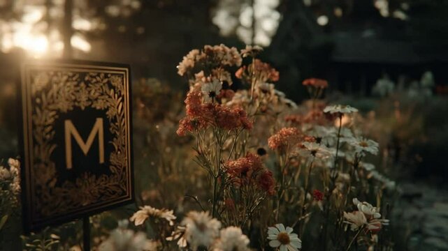 Elegant initial 'M' sign amidst beautiful flowers in a serene garden setting