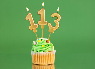 Birthday card with candle and cupcake - Number 113 on a green background