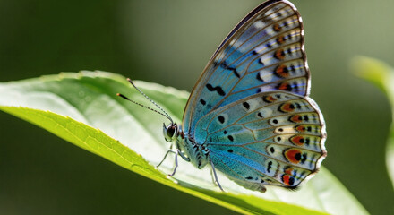 Obraz premium Macro close-up of a vibrant blue butterfly perched delicately on a sunlit green leaf, showcasing intricate wing patterns, fine textures, and vivid colors illuminated by natural sunlight