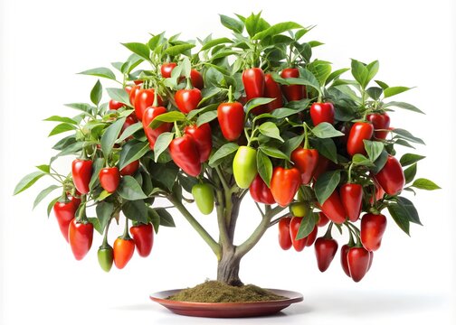 A miniature pepper tree with red peppers isolated on white background, bonsai style - Powered by Adobe