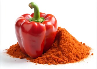 Red bell pepper with a pile of paprika powder, isolated on white background