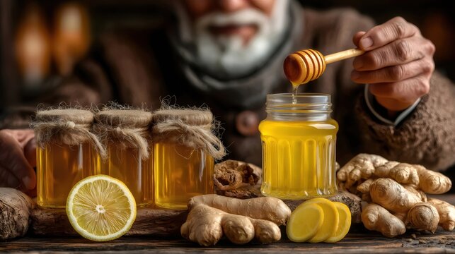 Beekeeper pouring honey into jar with ginger, lemon and honey jars on wooden table