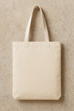 Tote Bag Hanging On Textured Concrete Wall Mockup Japandi Style Portrait