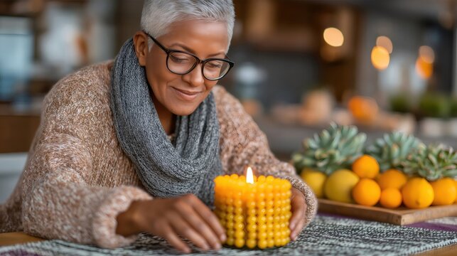 Senior woman lighting a candle at home creating a relaxing atmosphere
