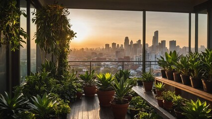 Urban Oasis: Balcony garden offers a tranquil view of the bustling cityscape, blending nature and urban living, showcasing a serene, verdant escape.