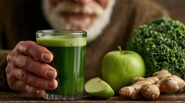 Senior man holding green detox smoothie with fresh ingredients - Powered by Adobe
