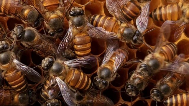 Indian honey bee (Apis cerana indica) colony thrives inside the beehive, macro footage of busy bees working with queen bee in harmony&mdash;collecting nectar, pollen from flowers, storing bee bread in cells