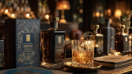Elegant whiskey presentation featuring ornate bottle and glass, vintage books and soft light - Powered by Adobe
