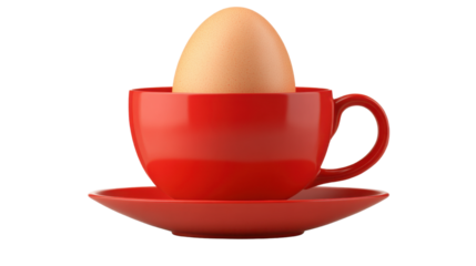 Red egg cup with egg on white background