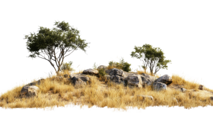 Savanna with faded grass and rocks on white background