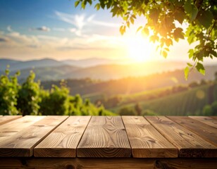 Wooden table with morning sunlight and blurred nature background