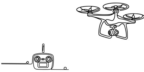 Minimalist Drone Line Art, A clean line-art illustration of a quadcopter drone with a mounted camera