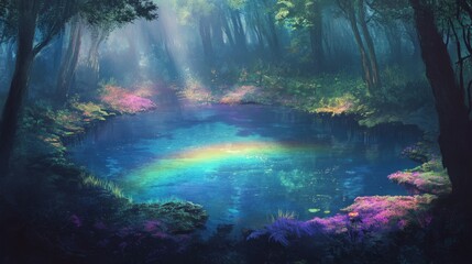 Obraz premium A colorful rainbow colored pond reflecting sunlight in the forest