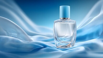 Elegant perfume bottle on draped blue fabric evoking freshness and sophistication