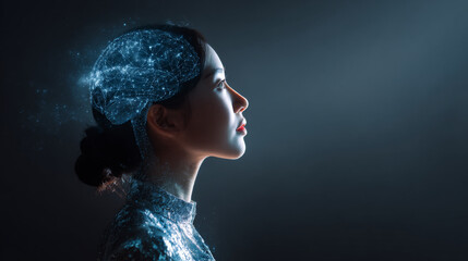 Profile image of woman with digital brain overlay, symbolizing artificial intelligence and innovation. lighting creates futuristic atmosphere