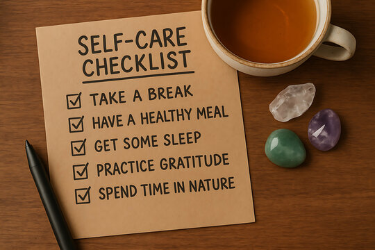 self-care routine. A self-care checklist on paper lists five wellness tips next to a cup of tea, crystals, and a pen on a wooden surface.
