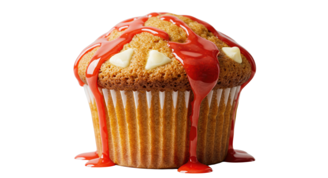 Delicious Muffin with Dripping Red Glaze and White Chocolate Chunks
