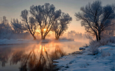 Winter landscape with trees and river at sunrise, showcasing serene atmosphere with mist rising from water and frosty branches