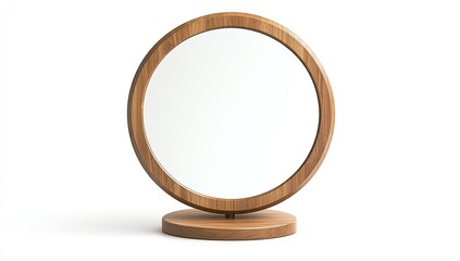 Circular wooden vanity mirror on a stand