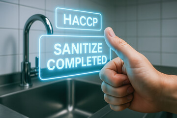 Naklejka premium HACCP hazard analysis ensures critical control point sanitation completed with thumbs up near stainless steel kitchen sink for safety