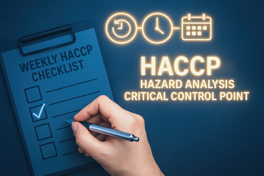 HACCP hazard analysis critical control point checklist with hand marking weekly tasks for food safety and risk management in industrial process