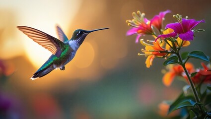 Naklejka premium Hummingbird in Flight, Hovering Near Vibrant Flowers at Sunset