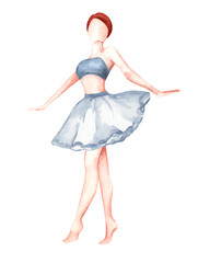 Watercolor illustration of a ballet dancer in a tutu skirt. Ballerina isolated on white background