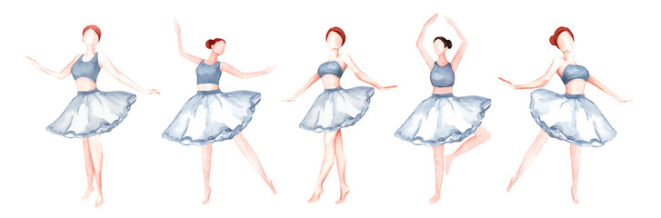 Set of watercolor illustrations of ballet dancer in tutu skirt. Ballerina in different poses isolated on white background