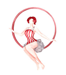 Watercolor illustration of aerial gymnast in hoop. Circus performer in vintage costume isolated on white background