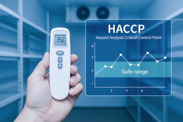 HACCP hazard analysis critical control point concept with digital thermometer measuring temperature in cold storage to ensure safe range compliance