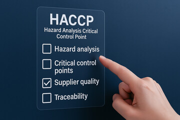 HACCP hazard analysis critical control point checklist with hand pointing at supplier quality for food safety and risk management