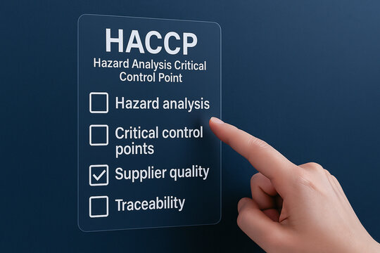 HACCP hazard analysis critical control point checklist with hand pointing at supplier quality for food safety and risk management - Powered by Adobe