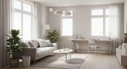 Fototapeta premium Modern Minimalist Living Room Design Light, Airy, and Functional Space