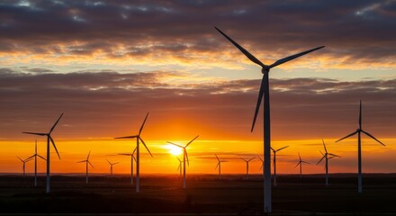 Obraz premium Majestic Sunset Over a Wind Farm Clean Energy and Renewable Resources