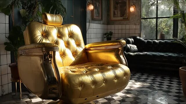 Luxurious Gold Barber Chair in a Stylish Salon Setting, Enhancing the Vintage Aesthetic
