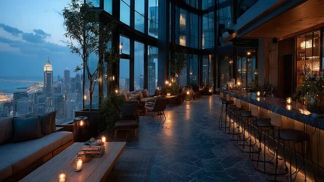 Luxurious rooftop bar with stunning city views at twilight offers premium relaxation