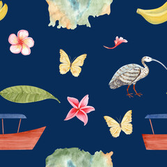 Cambodian map, flag, plumeria flower, boat, Ibis bird, bananas, watercolor illustration seamless pattern on dark blue. Ideal for travel blogs, packaging, souvenirs, tourism, cultural designs, textile