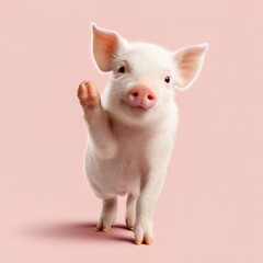 a piglet raising one hoof as if greeting isolated on soft pink background playful farm animal