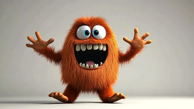 Cheerful furry monster with big eyes and wide smile jumping joyfully