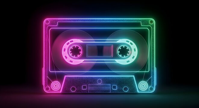 Neon Outline of Retro Audio Cassette Tape with Pink and Blue Glow Generative AI - Powered by Adobe
