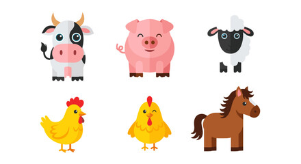 Obraz premium Illustration of six cartoon farm animals cow pig sheep chicken horse