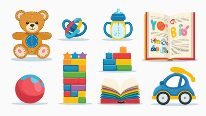 Obraz premium Illustration of a collection of colorful toys and baby accessories