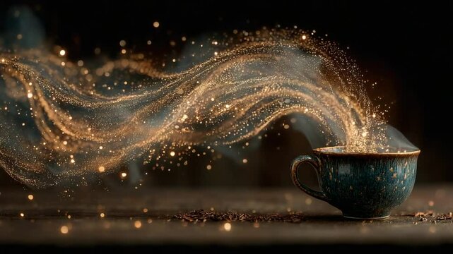 Magical Elixir: A Cup of Enchantment with Golden Vapor Emanating and Decorative Glow